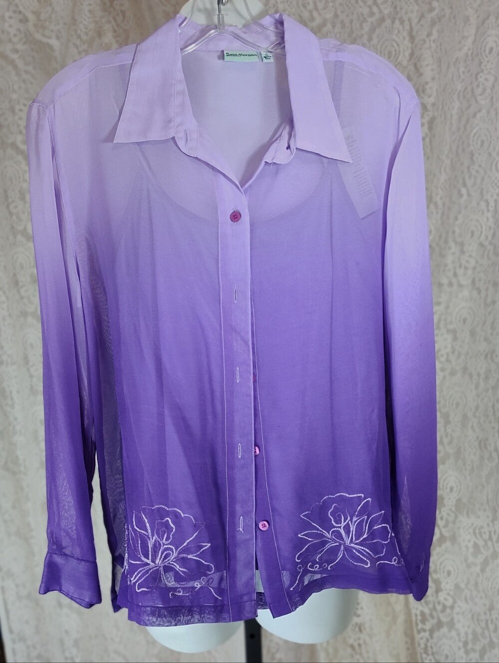 Sara Motgan Sheer Ombre Lavender Button-Up Blouse Lavender Purple